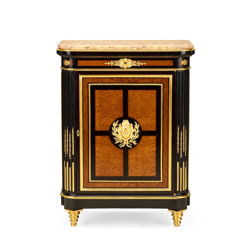 A small French purplewood, ebonised, thuya and gilt bronze mounted meuble d'appui in the Louis X...: A small French purplewood, ebonised, thuya and gilt bronze mounted meuble d'appui in the Louis XVI style Late 19th century, possibly by Guillaume Grohe (1808-1885) The shaped marble top above a frieze