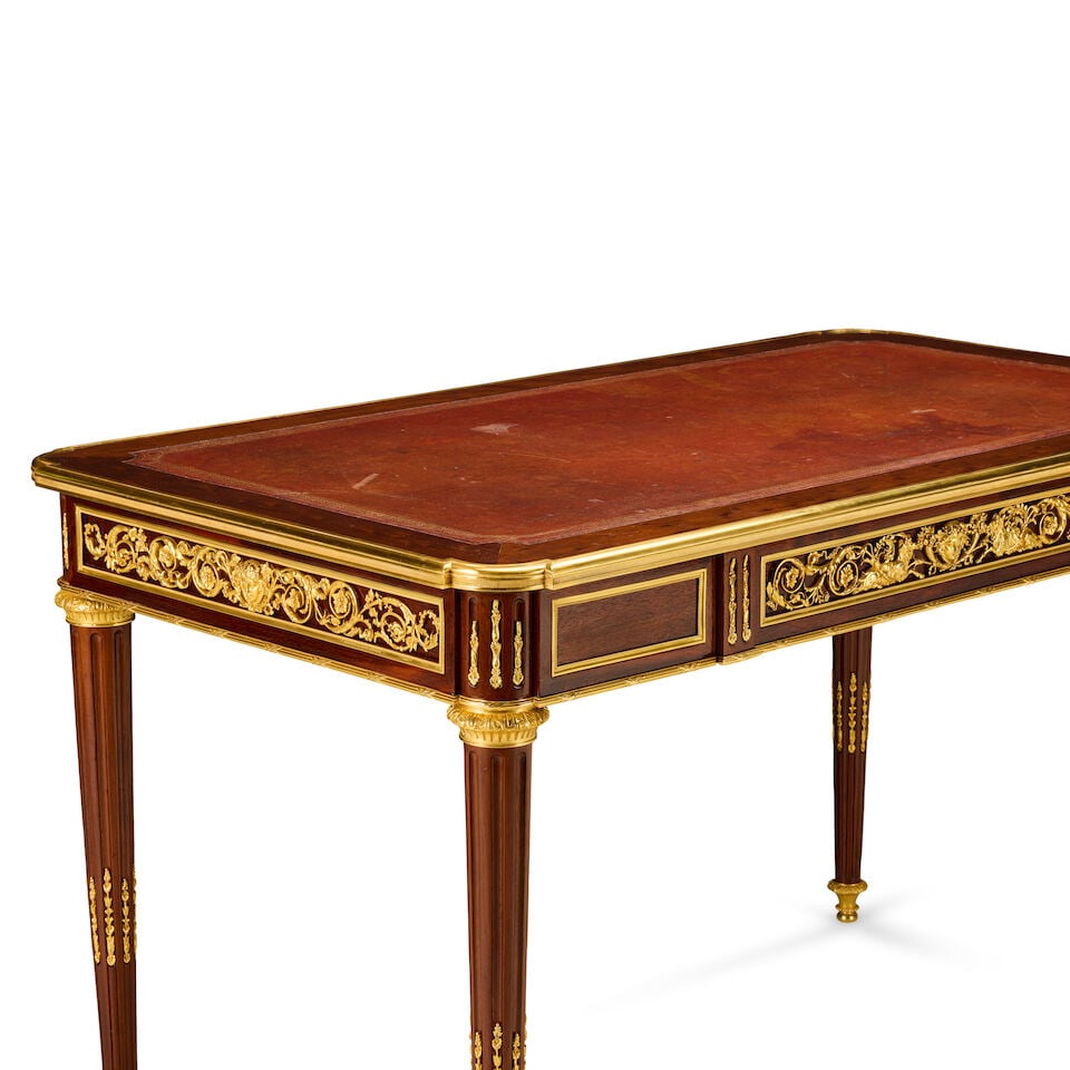 A French plum pudding mahogany, mahogany and gilt bronze mounted bureau platLate 19th century in... - 3