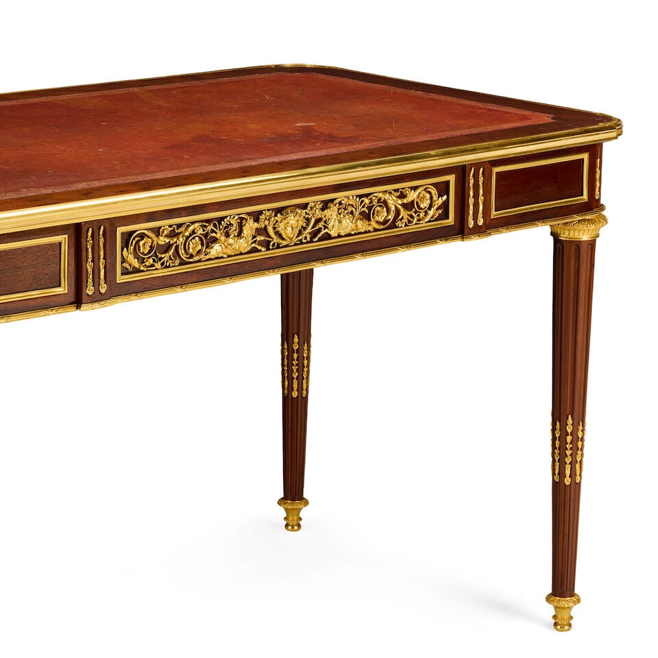 A French plum pudding mahogany, mahogany and gilt bronze mounted bureau platLate 19th century in... - 4