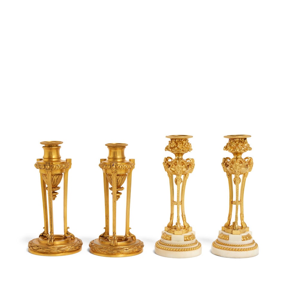 A pair of French marble and gilt bronze candle sticks, together with a pair of gilt bronze candl... - 2