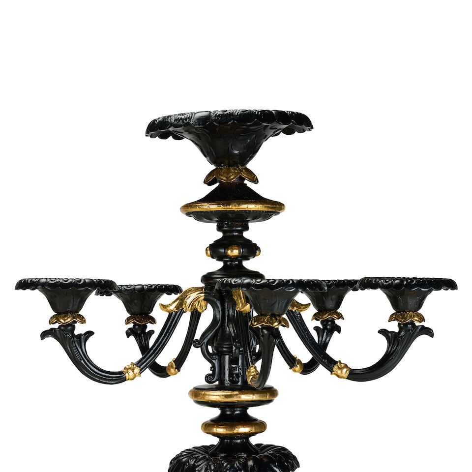A large pair of painted and parcel gilt cast iron five branch candelabra20th century in the mid-... - 3