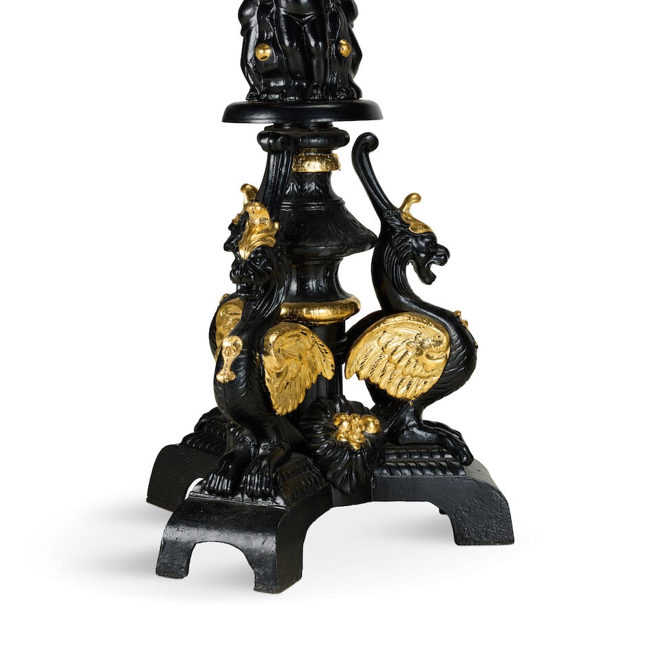 A large pair of painted and parcel gilt cast iron five branch candelabra20th century in the mid-... - 5