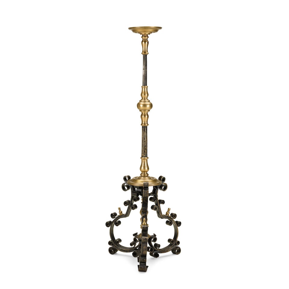 A large steel, wrought iron and brass torchèreFrench, early 20th century (1 of 2)