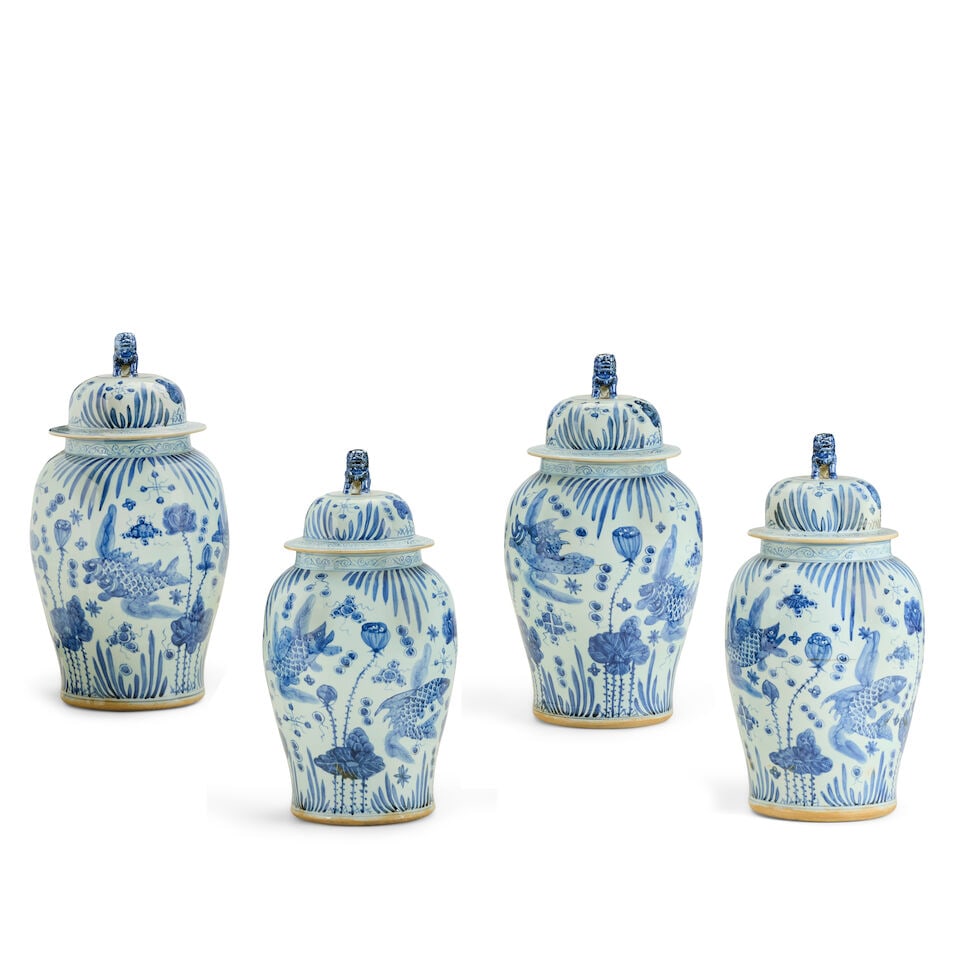 A set of four Chinese blue and white porcelain 'fish' jars and covers 20th century (4) (1 of 4)