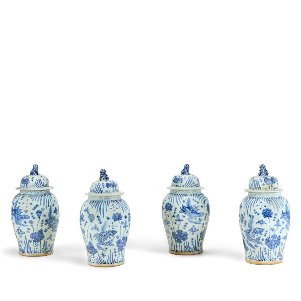 A set of four Chinese blue and white porcelain 'fish' jars and covers 20th century (4) - 2