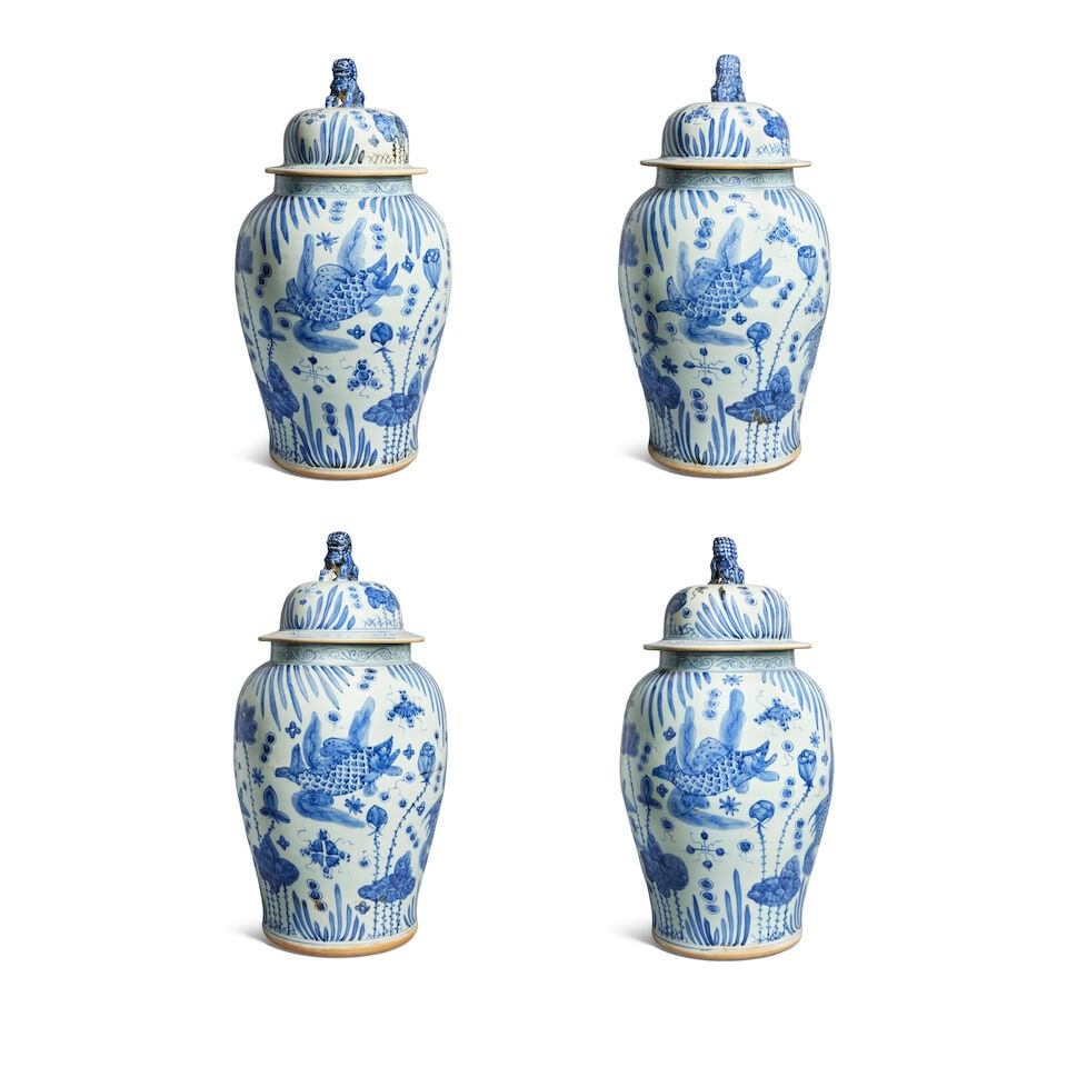 A set of four Chinese blue and white porcelain 'fish' jars and covers 20th century (4) - 4