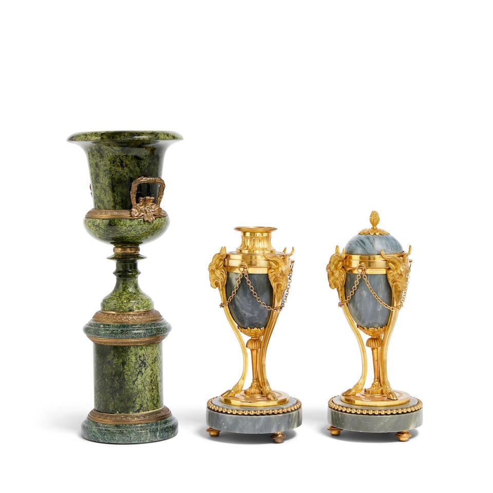 A pair of French grey marble and gilt bronze mounted cassolettes, together with a gilt metal and...: A pair of French grey marble and gilt bronze mounted cassolettes, together with a gilt metal and green marble campana urn In the Louis XVI style, the cassolettes late 19th century, the campana urn 20t