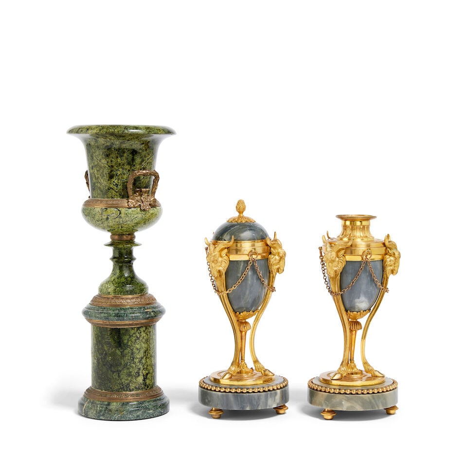 A pair of French grey marble and gilt bronze mounted cassolettes, together with a gilt metal and... - 2