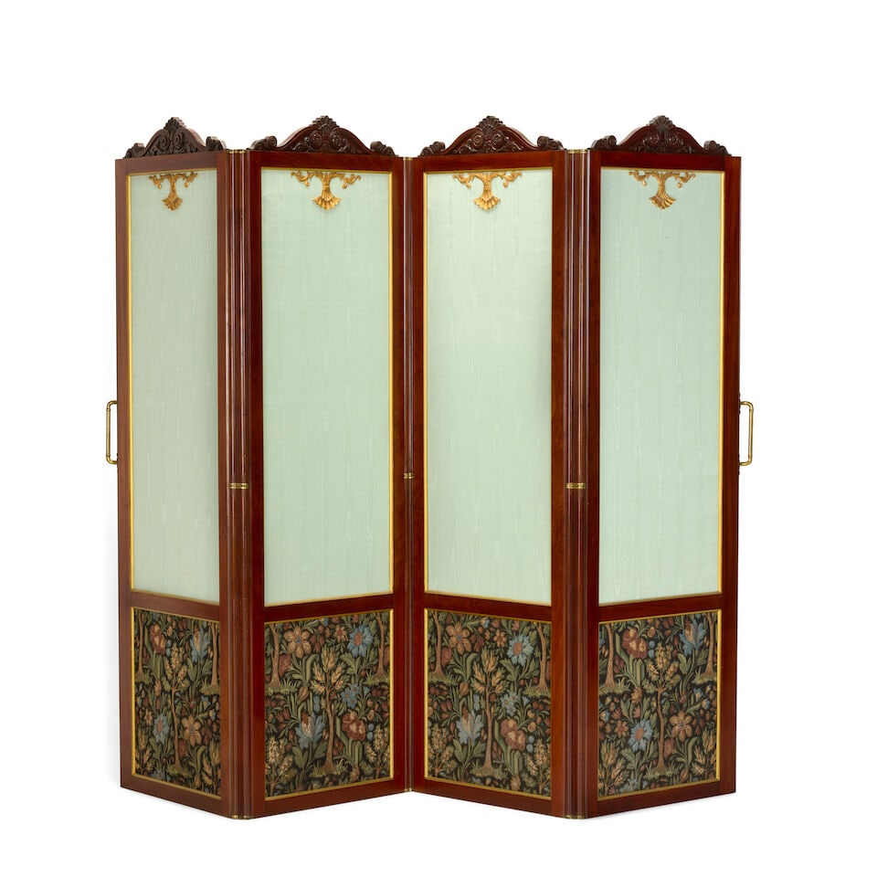 A French mahogany, brass and parcel gilt four panel screen in the Louis XVI styleLate 19th / ear...: A French mahogany, brass and parcel gilt four panel screen in the Louis XVI style Late 19th / early 20th century Each division mounted with watered silk and printed 'tapestry' panels surmounted by a s
