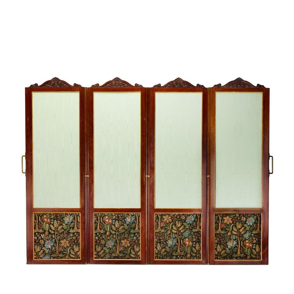A French mahogany, brass and parcel gilt four panel screen in the Louis XVI styleLate 19th / ear... - 2