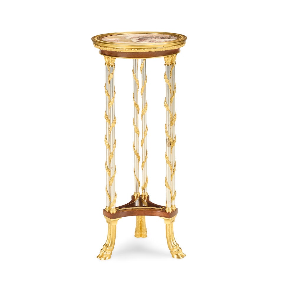 A French ormolu mounted mahogany, rosewood, marble and polished steel guéridonEarly 20th ce... - 2