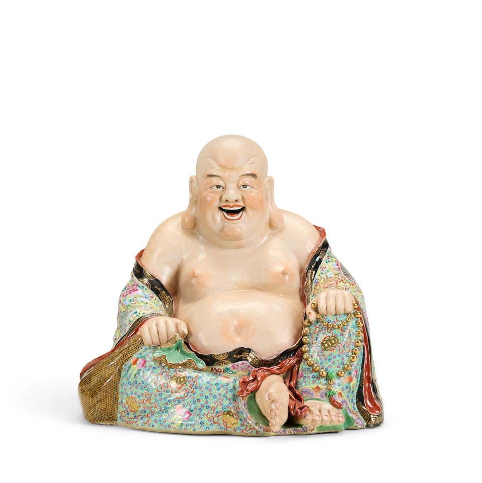 A large Chinese famille rose porcelain figure of a seated Buddha 20th century: A large Chinese famille rose porcelain figure of a seated Buddha 20th century 65cm (24 5/8in) wide For further information on this lot please visit Bonhams.com For further information about this lot p