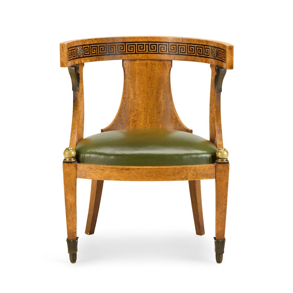 A Biedermeier-style bird's eye maple, ebonised, gilt and patinated bronze mounted 'curule' desk ... (1 of 5)