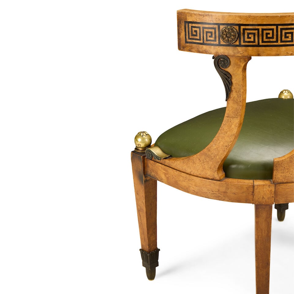 A Biedermeier-style bird's eye maple, ebonised, gilt and patinated bronze mounted 'curule' desk ... - 2