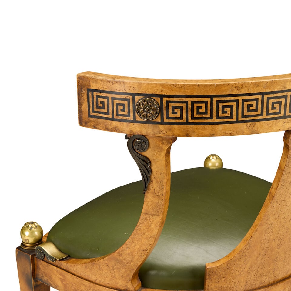 A Biedermeier-style bird's eye maple, ebonised, gilt and patinated bronze mounted 'curule' desk ... - 3