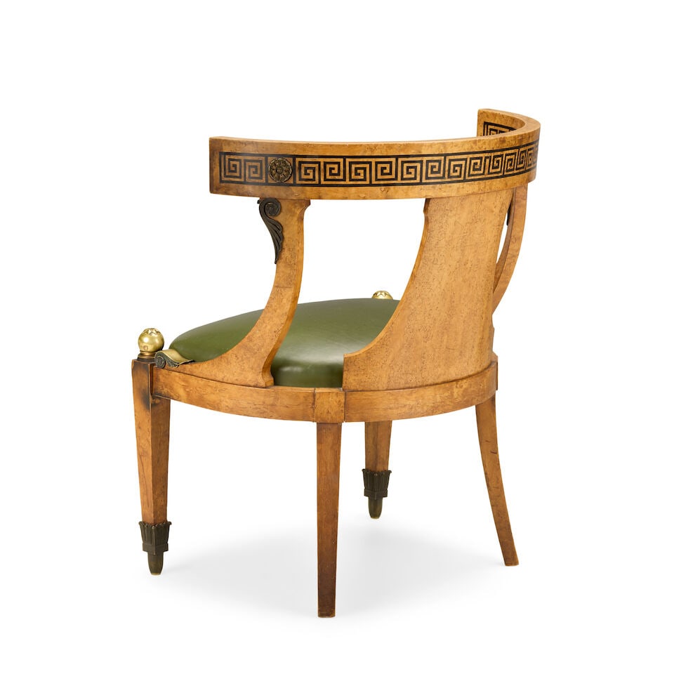 A Biedermeier-style bird's eye maple, ebonised, gilt and patinated bronze mounted 'curule' desk ... - 4