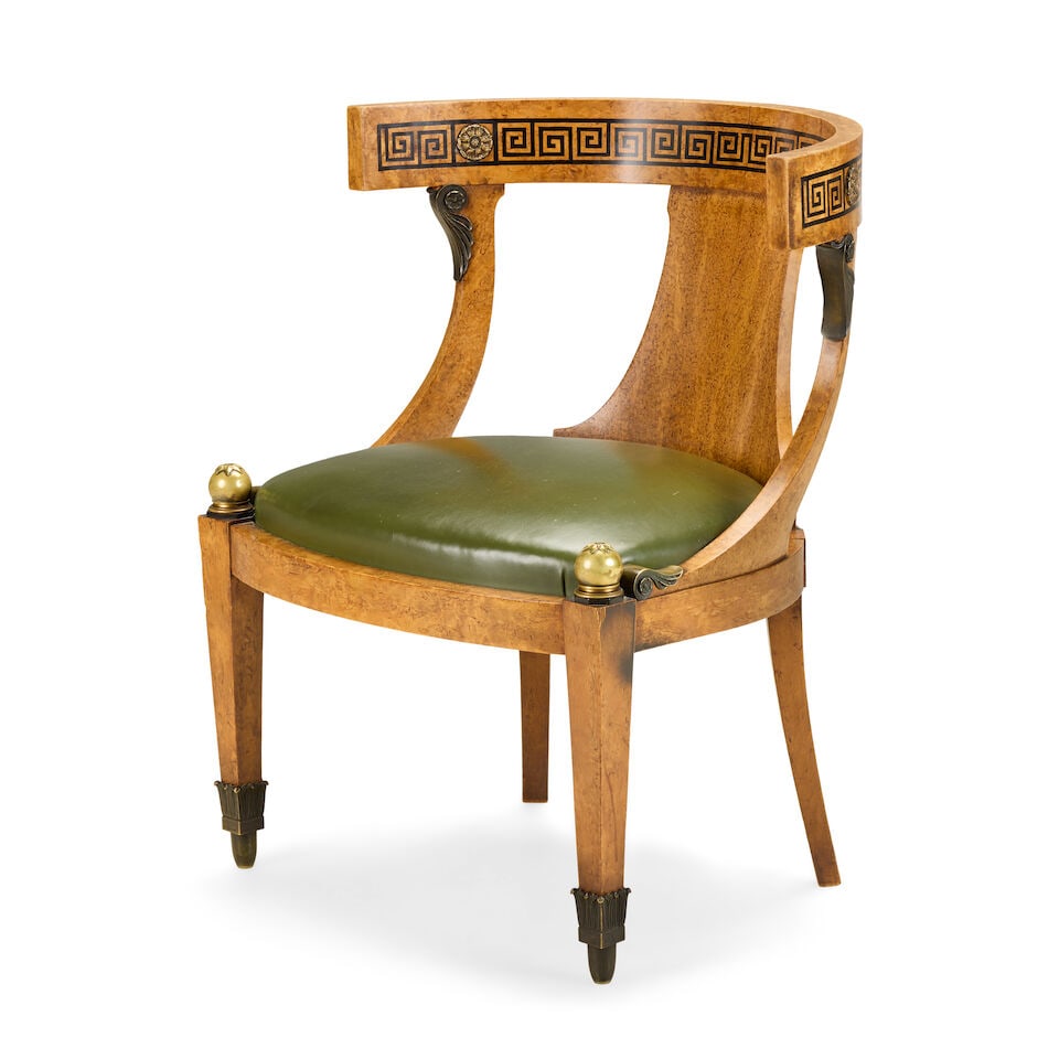 A Biedermeier-style bird's eye maple, ebonised, gilt and patinated bronze mounted 'curule' desk ... - 5
