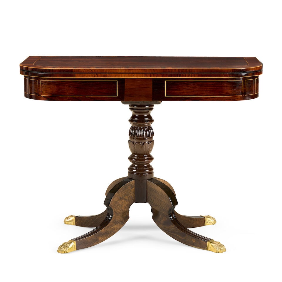 A Regency rosewood, rosewood grained and calamander banded card tableEarly 19th century and later (1 of 3)