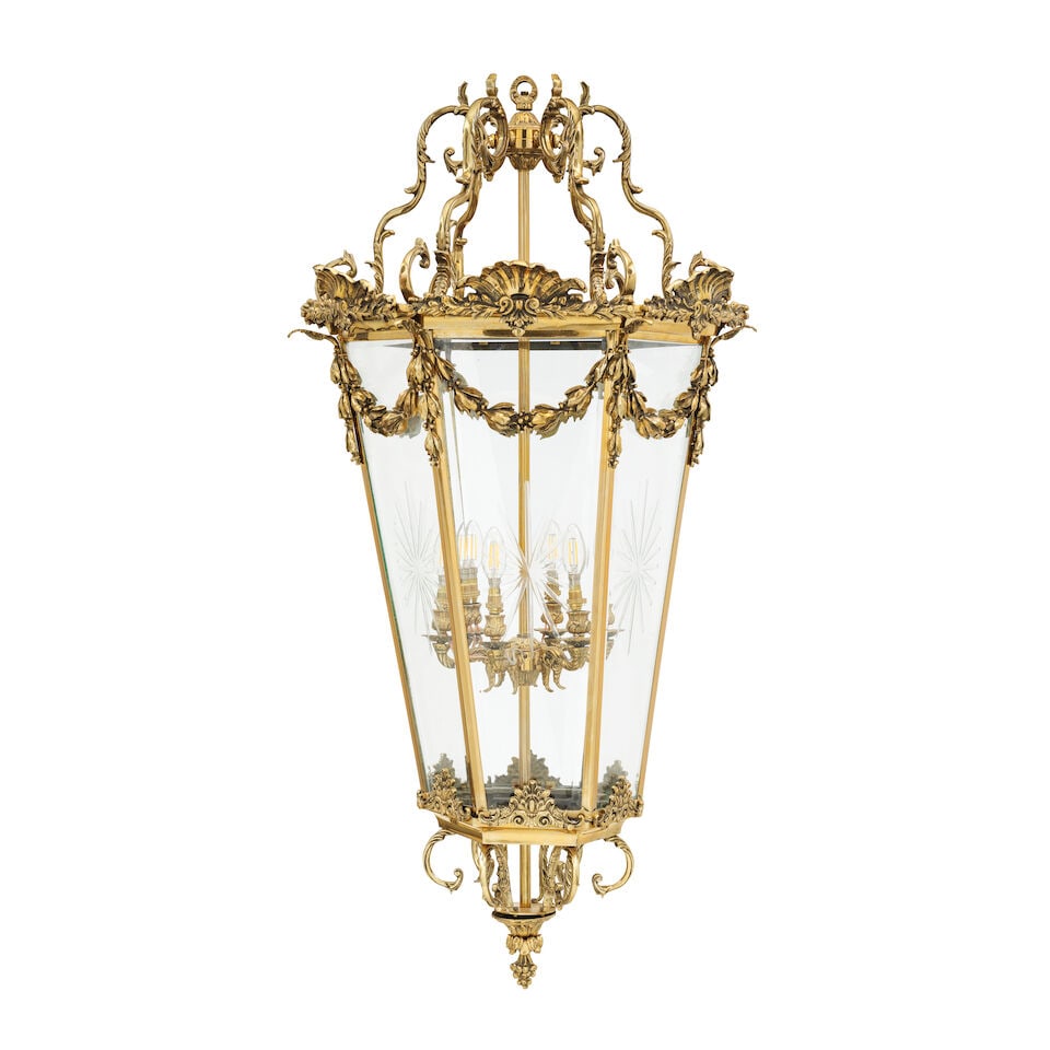 A very large brass and glass hexagonal hall lanternIn the George III style, possibly 19th century (1 of 2)