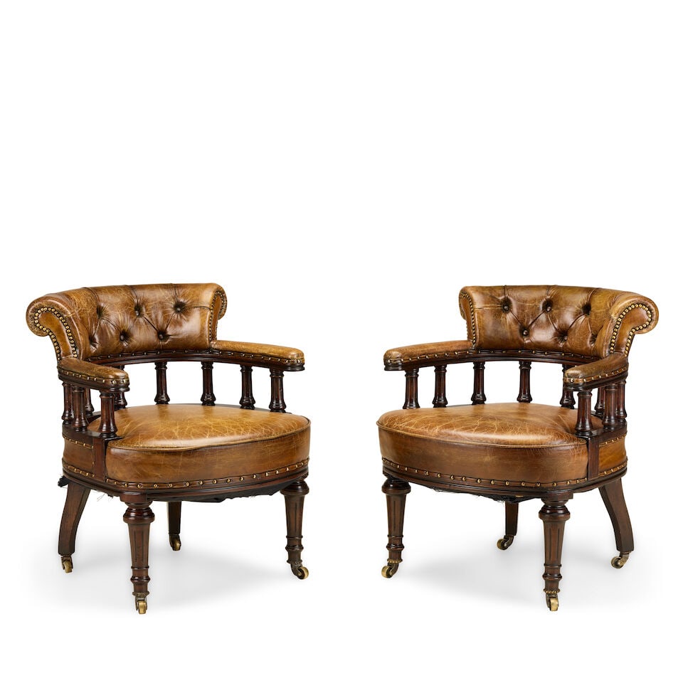 A pair of Victorian style mahogany and leather upholstered library armchairs Second half 20th ce... (1 of 4)