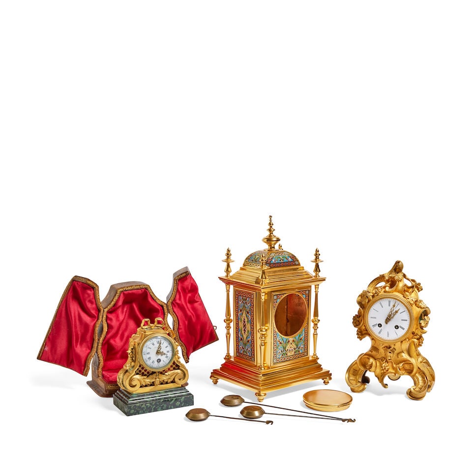 A small French gilt bronze and green marble desk clock Early 20th century, in the Louis XVI styl... (1 of 2)