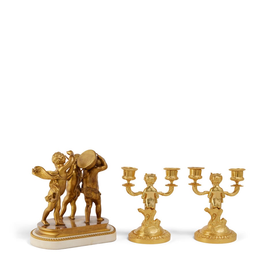 After Claude Michel Clodion (French, 1738 - 1814): a gilt bronze figural group of three musical ... - 2