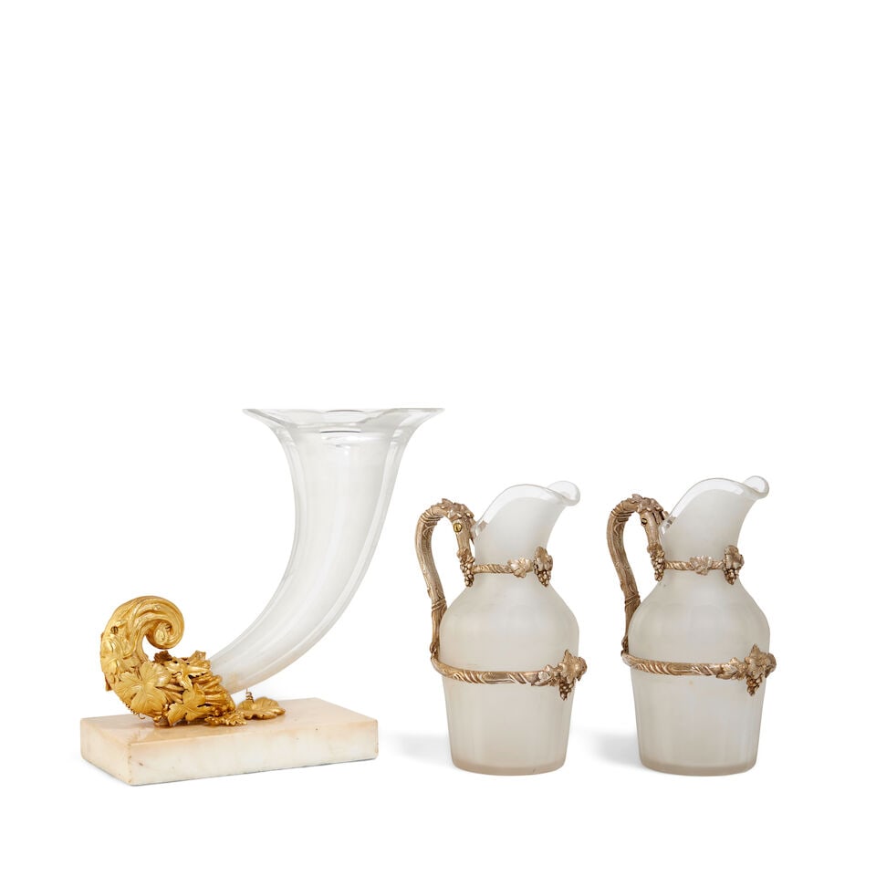 A gilt bronze mounted and glass cornucopia, together with a pair of silvered metal mounted glass... (1 of 2)