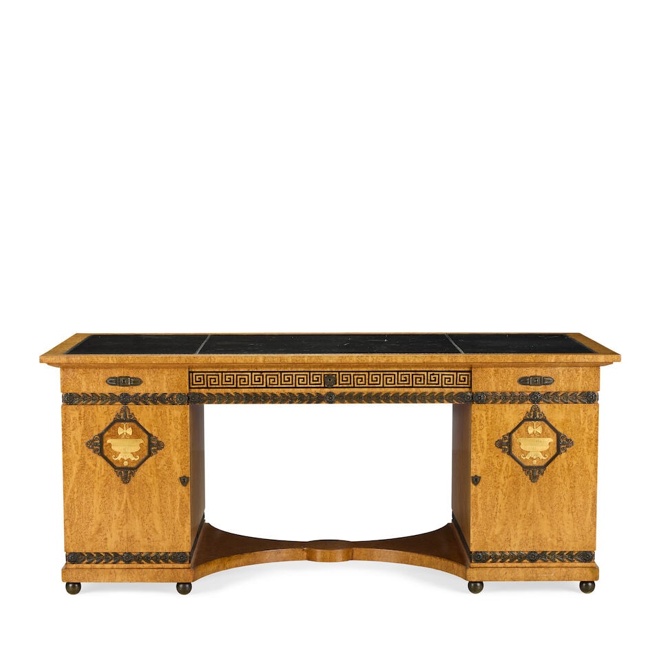A Biedermeier-style bird's eye maple, ebonised parquetry, gilt and patinated bronze mounted pede... (1 of 6)