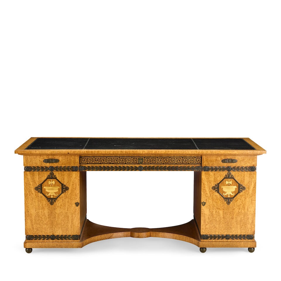 A Biedermeier-style bird's eye maple, ebonised parquetry, gilt and patinated bronze mounted pede... - 3