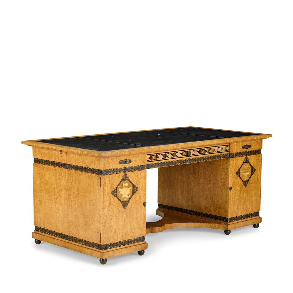A Biedermeier-style bird's eye maple, ebonised parquetry, gilt and patinated bronze mounted pede... - 4