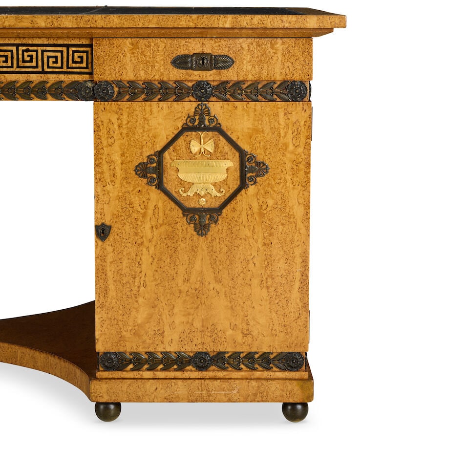 A Biedermeier-style bird's eye maple, ebonised parquetry, gilt and patinated bronze mounted pede... - 5