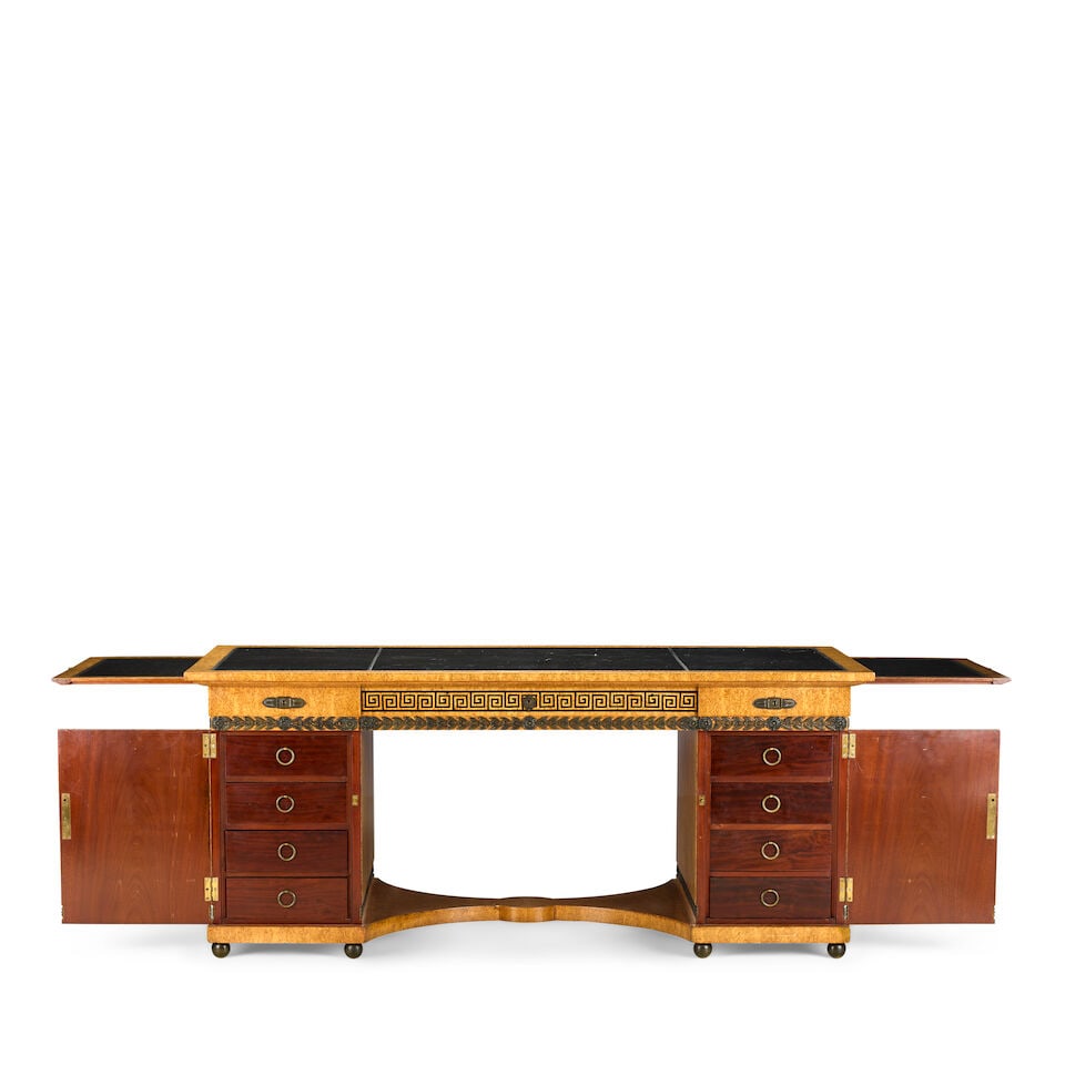 A Biedermeier-style bird's eye maple, ebonised parquetry, gilt and patinated bronze mounted pede... - 6