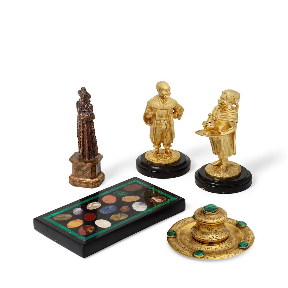 A collection of desk accessories including a pair of gilt bronze desk figures Possibly late 19t... (1 of 1)