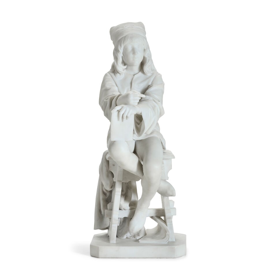 Friedrich Beer (1846-1912): a late 19th century white marble figure of a seated boy: Friedrich Beer (1846-1912): a late 19th century white marble figure of a seated boy The student in Renaissance dress, sitting on a stool holding a quill and paper, on a canted rectangular plinth, sign