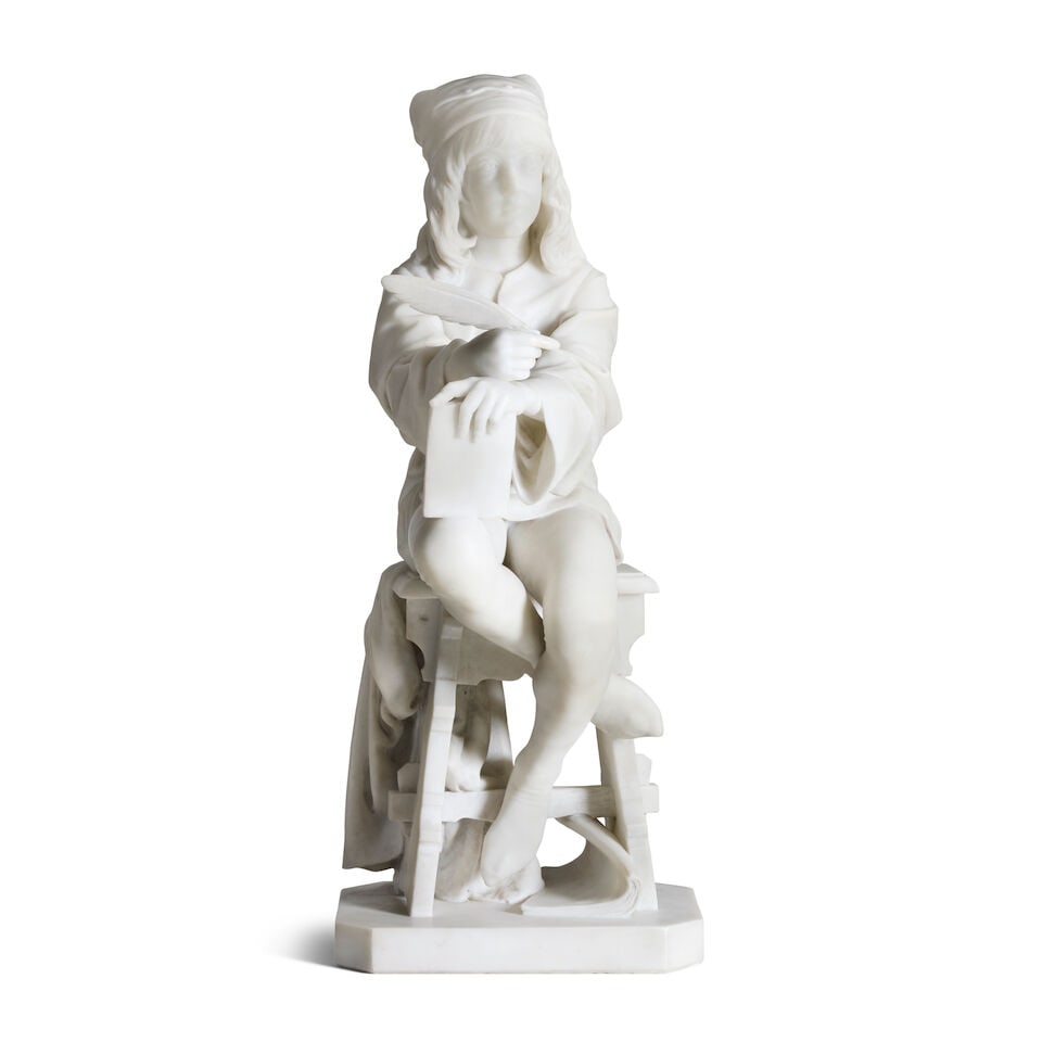 Friedrich Beer (1846-1912): a late 19th century white marble figure of a seated boy - 4