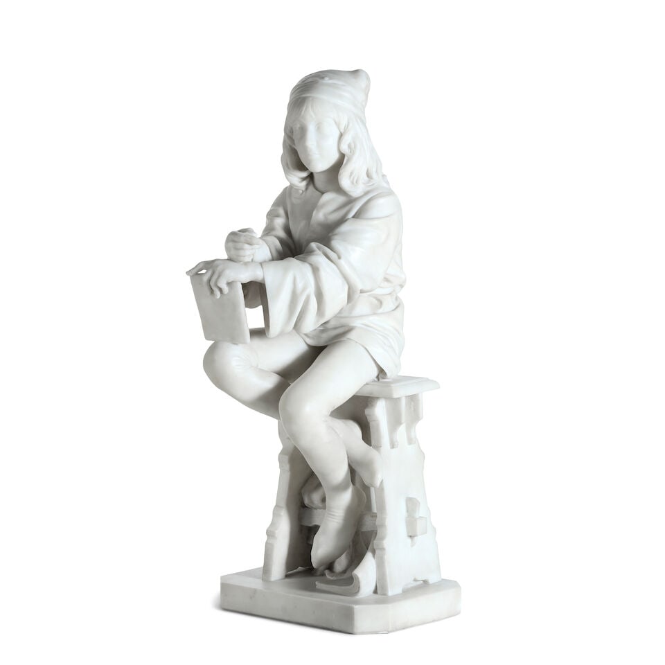 Friedrich Beer (1846-1912): a late 19th century white marble figure of a seated boy - 7