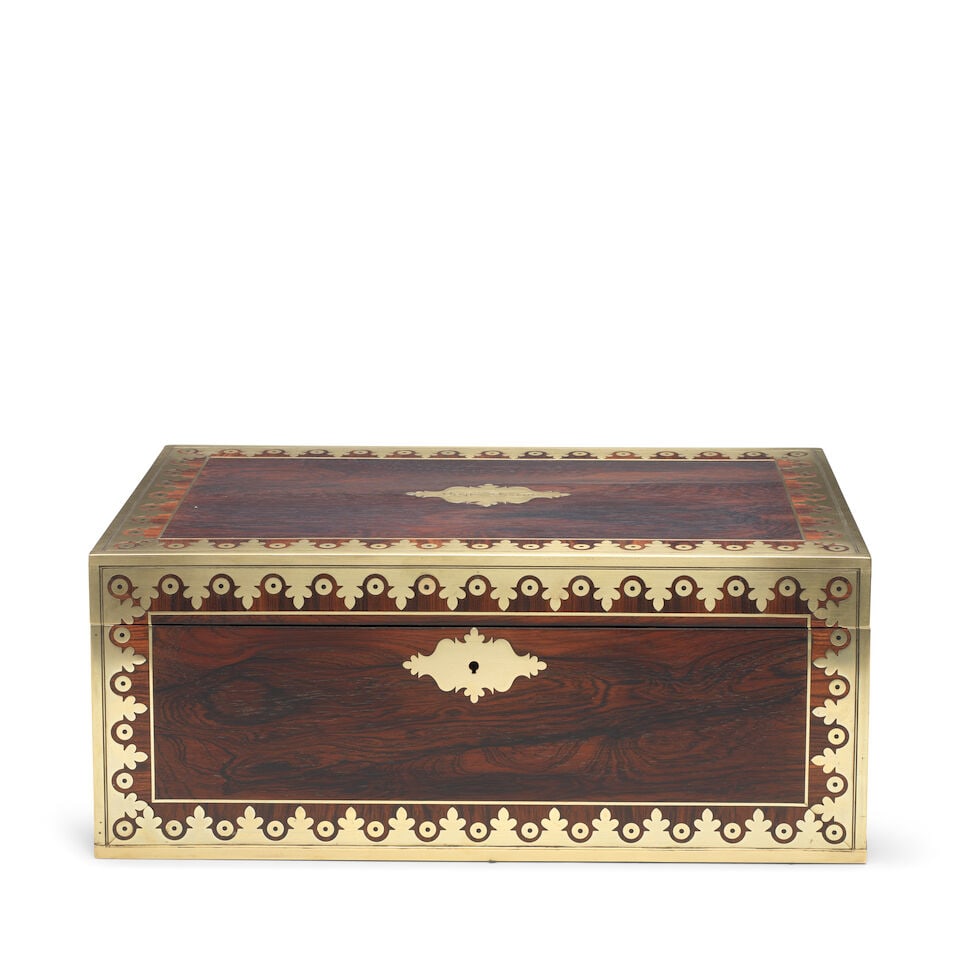 A rosewood, teak, brass bound and cut-brass inlaid campaign writing slope Anglo-Colonial, early ... (1 of 4)