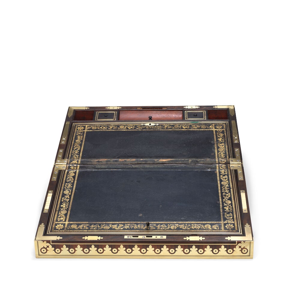 A rosewood, teak, brass bound and cut-brass inlaid campaign writing slope Anglo-Colonial, early ... - 2