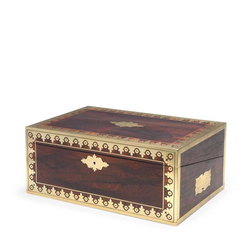 A rosewood, teak, brass bound and cut-brass inlaid campaign writing slope Anglo-Colonial, early ... - 3