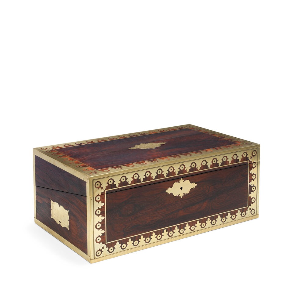 A rosewood, teak, brass bound and cut-brass inlaid campaign writing slope Anglo-Colonial, early ... - 4