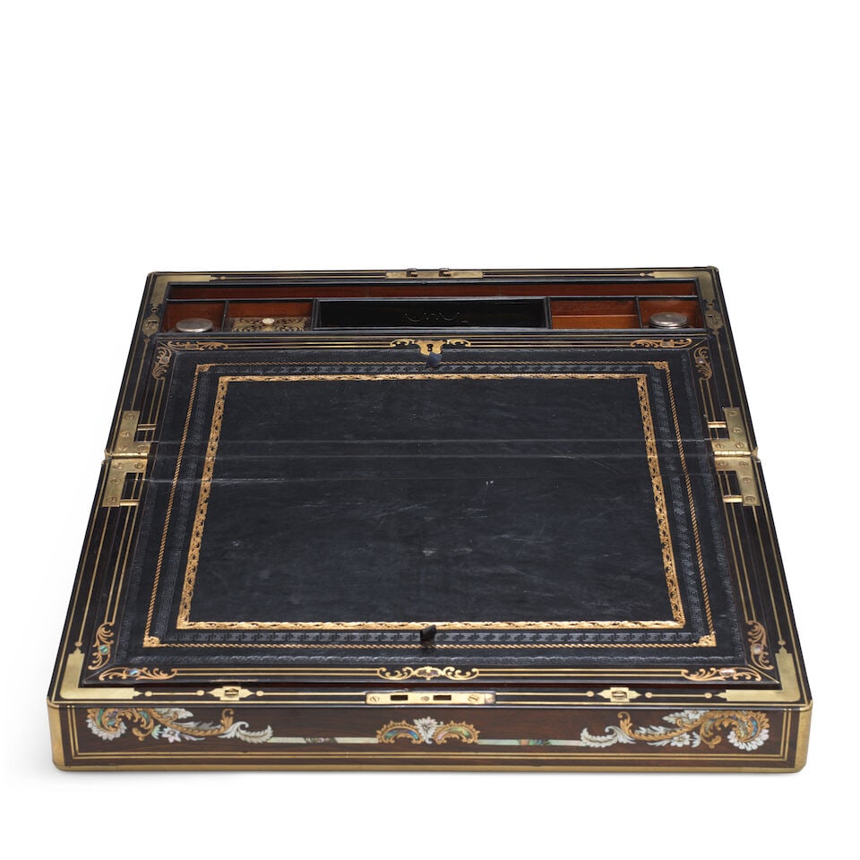 A rosewood, cut brass, engraved mother of pearl inlaid and brass bound writing slope Second qua... - 2