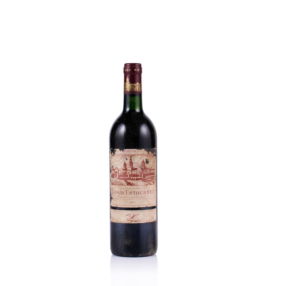 Château Cos d'Estournel, Saint-Estèphe, Grand Cru Classé, 1990 (1 x 750ml): Château Cos d'Estournel, Saint-Estèphe, Grand Cru Classé, 1990 (1 x 750ml) Region: Bordeaux Fill Level: base of neck Capsule: nicked at the bottom Cork: depressed Label: soiled, torn an