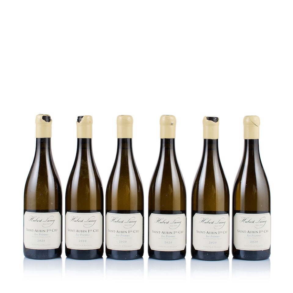 Domaine Hubert Lamy, Saint-Aubin 1er Cru, Les Frionnes, 2020 (6 x 750ml): Domaine Hubert Lamy, Saint-Aubin 1er Cru, Les Frionnes, 2020 (6 x 750ml) Region: Burgundy Fill Level: excellent Capsule: white wax, 4x broken, 2x ok Cork: ok Label: all slightly bin-soiled and