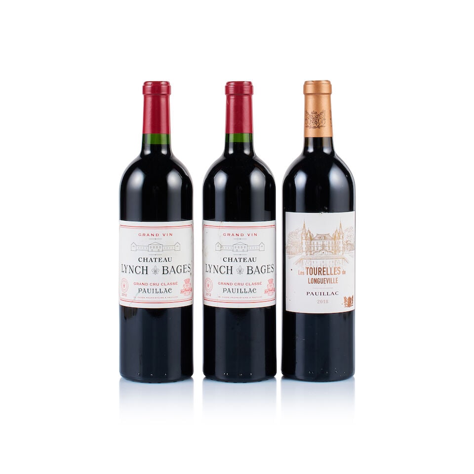 Mixed Lot of Pauillac, 2012 & 2018 (3 x 750ml): Château Lynch Bages, Pauillac, Grand Cru Classé, 2012 (2 x 750ml) Region: Bordeaux Fill Level: excellent Capsule: ok Cork: ok Label: 2x marked Packaging: neutral carton Miscellaneous: Alcoho