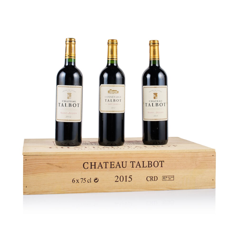 Mixed Lot of Château Talbot, 2012 & 2015 (9 x 750ml): Château Talbot, Saint-Julien, Grand Cru Classé, 2012 (1 x 750ml) Region: Bordeaux Fill Level: into neck Capsule: ok, plastic covered Cork: ok Label: slightly bin-soiled and scratched Packagi