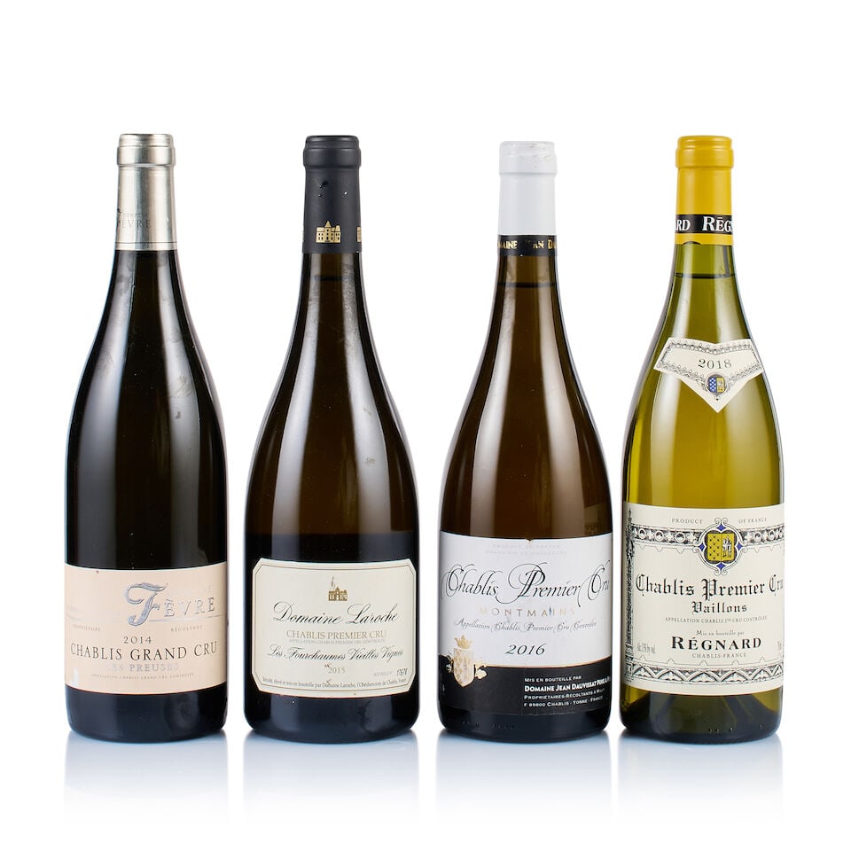 Mixed Lot of Chablis, 1ers Crus & Grands Crus, 2014, 2015, 2016 & 2018 (4 x 750ml): Julie Fèvre, Chablis Grand Cru, Les Preuses, 2014 (1 x 750ml) Region: Burgundy Fill Level: excellent Capsule: ok Cork: ok Label: scratched and slightly marked Packaging: neutral