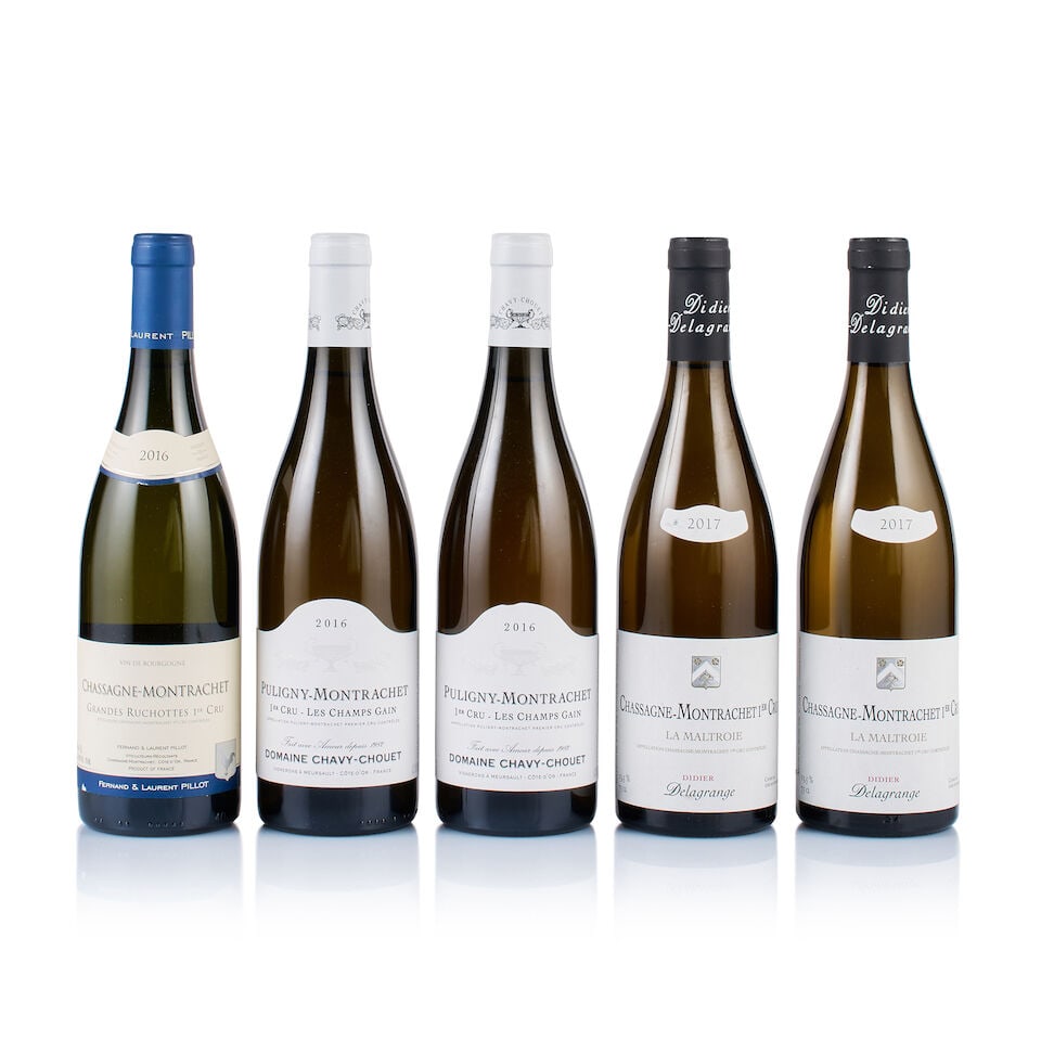 Mixed Lot of Côte de Beaune, White, 2016 & 2017 (5 x 750ml): Domaine Chavy-Chouet, Puligny-Montrachet 1er Cru, Champ Gain, 2016 (2 x 750ml) Region: Burgundy Fill Level: good Capsule: ok Cork: ok Label: good appearance Packaging: neutral carton Miscellaneous: Al