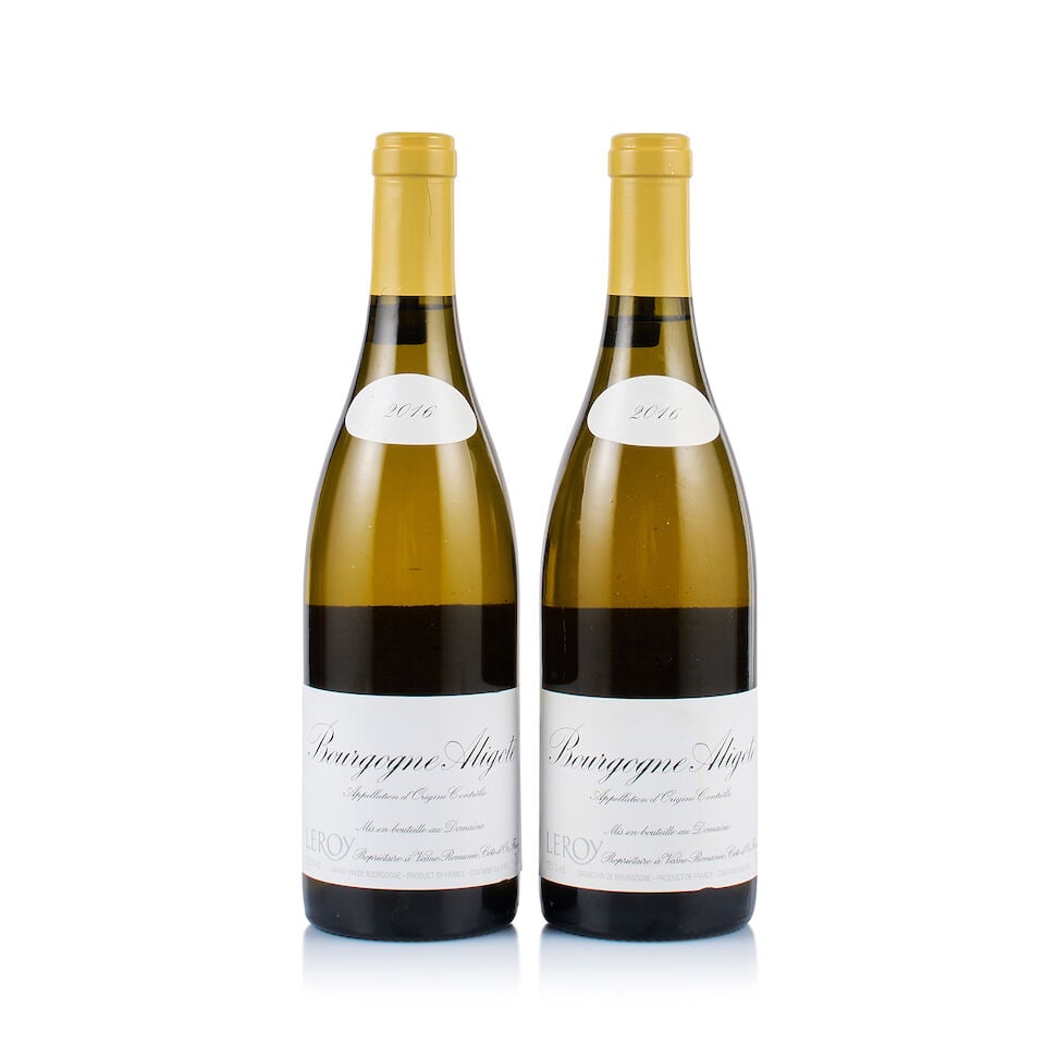Domaine Leroy, Bourgogne Aligoté, 2016 (2 x 750ml): Domaine Leroy, Bourgogne Aligoté, 2016 (2 x 750ml) Region: Burgundy Fill Level: excellent Capsule: ok Cork: 2x very slightly depressed Label: 2x slightly scratched at the bottom Packaging: