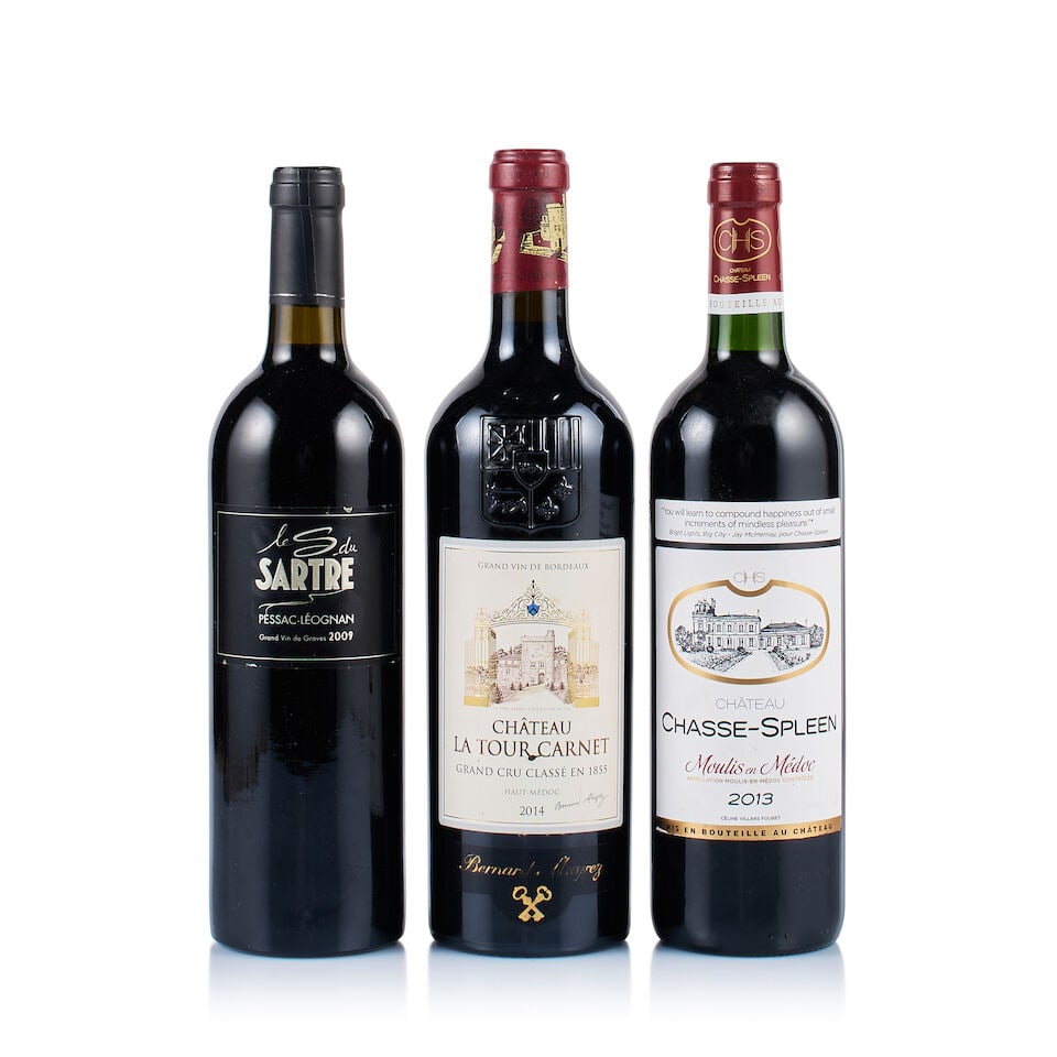 Mixed Lot of Bordeaux, Left Bank, 2009, 2013 & 2014 (3 x 750ml): Château Le Sartre, Pessac-Léognan, S du Sartre, 2009 (1 x 750ml) Region: Bordeaux Fill Level: base of neck Capsule: ok Cork: ok Label: very slightly scratched at the top Packaging: neutral c