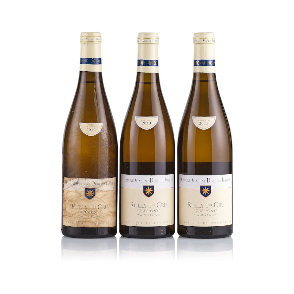 Domaine Dureuil-Janthial, Rully 1er Cru, Grésigny, 2012 & 2013 (3 x 750ml): Domaine Dureuil-Janthial, Rully 1er Cru, Grésigny, 2012 (1 x 750ml) Region: Burgundy Fill Level: good Capsule: creased Cork: ok Label: badly damp-stained and damp-affected, creased and bin-soiled